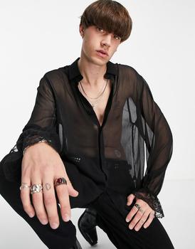 推荐ASOS DESIGN relaxed sheer shirt with lace cuff in black商品