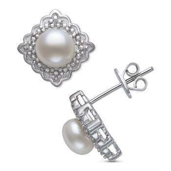 推荐Cultured Freshwater Button Pearl (6mm) & Diamond Accent Stud Earrings in Sterling Silver商品