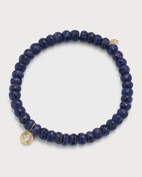商品14K Gold Fluted Diamond Charm on Blue Sapphire Rondelle Bead Bracelet图片