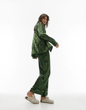 Topshop | Topshop abstract tiger print satin piped shirt and trouser pyjama set in green商品图片,