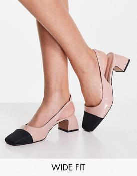 推荐ASOS DESIGN Wide Fit Sally toe cap slingback block heeled shoes in beige商品