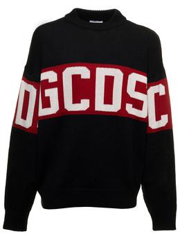 推荐Black Sweater in Mixed Wool Knit with Contrast Jacquard Logo Band GCDS Man商品
