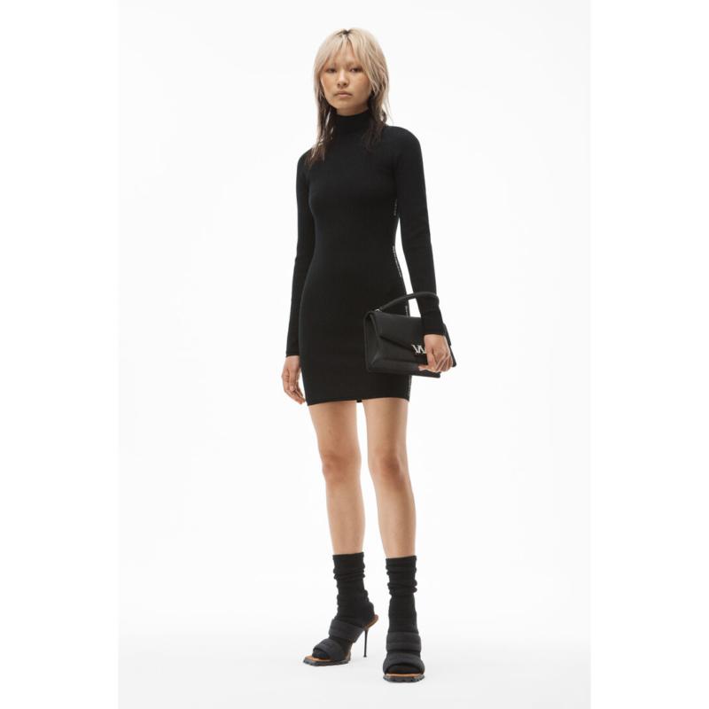 亚历山大王 连衣裙, Alexander Wang | ALEXANDER WANG 女士粘胶纤维黑色高领长袖迷你连衣裙 4KC4216034-001商品图片 独家减免邮费