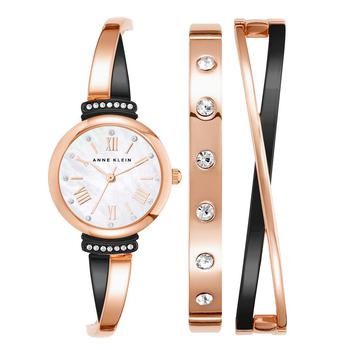 Anne Klein | Women's Rose Gold-Tone and Black Alloy Bangle with Crystal Accents Fashion Watch 33mm Set 3 Pieces商品图片,
