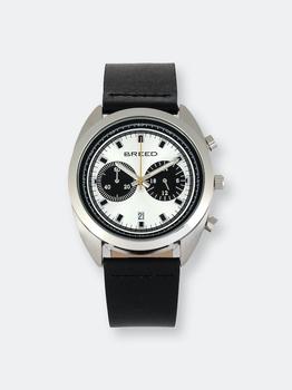 推荐Breed Racer Chronograph Leather-Band Watch w/Date Silver/Black商品