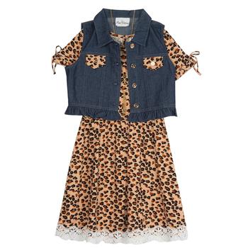 商品Big Girls Animal Print Brushed French Terry Dress and Denim Vest, 2 Piece Set图片