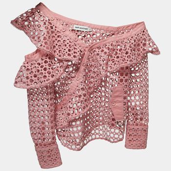 推荐Self-Portrait Pink Guipure Lace One Shoulder Ruffled Top M商品