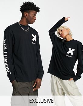推荐COLLUSION Unisex long sleeve logo cotton t-shirt in black - BLACK商品