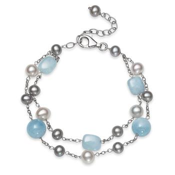 商品Macy's | Milky Aquamarine and Cultured Freshwater Pearl Double Row Sterling Silver Bracelet,商家Macy's,价格¥620图片