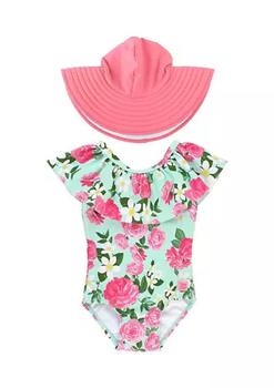 商品RuffleButts | Baby Girls Rosy Sweetheart Ruffle One Piece & Rose Swim Hat Set,商家Belk,价格¥341图片