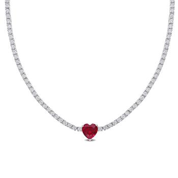 商品Amour 18 CT TGW Created Ruby Heart Center & Created White Sapphire Necklace Silver White Box Clasp Length (inches): 15图片