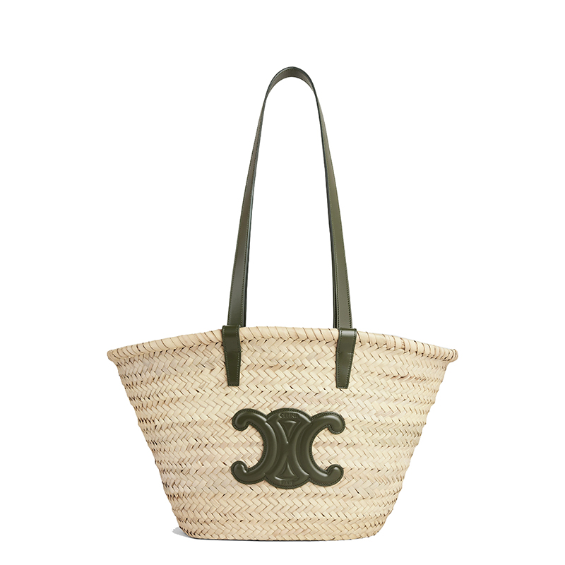 celine triomphe价格, Celine | 【包税】CELINE/赛琳 22新款CLASSIC TRIOMPHE系列 女士中号原色棕榈叶配卡其色小牛皮细节单肩斜跨手工编织篮子包192622CGG.15KH商品图片 额外9.5折, 包邮包税, 额外九五折