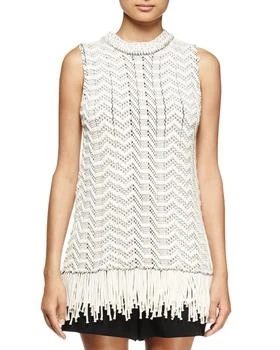 推荐Sleeveless Fringe-Hem Top, Off White/Black商品