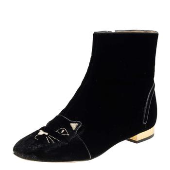 Charlotte Olympia, [二手商品] Charlotte Olympia | Charlotte Olympia Black Velvet Cat Embroidered Ankle Boots Size 39商品图片 4.2折