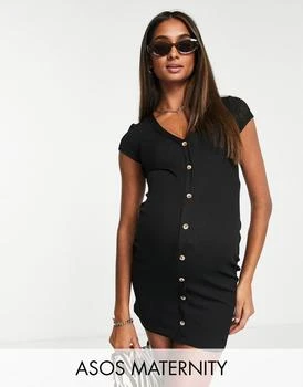 ASOS | ASOS DESIGN Maternity ribbed cap sleeve mini shirt dress in black 7.0折