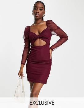 推荐Rebellious Fashion exclusive twist front ruched mini dress in berry商品