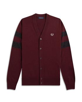 Fred Perry | Merino Wool & Cotton Striped Sleeve Regular Fit V Neck Cardigan商品图片,