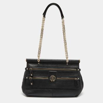 推荐Roberto Cavalli Black Leather Zip Detail Chain Shoulder Bag商品