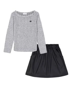 Calvin Klein | Toddler and Little Girls Ruffle Collar Ribbed Top Paper-bag Waist Artificial Leather, 2-Piece Skirt,商家Macy's,价格¥178