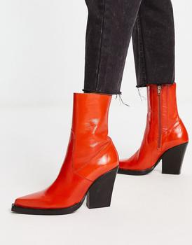 asos design, ASOS | ASOS DESIGN Eclipse premium leather western sock boots in orange商品图片 
