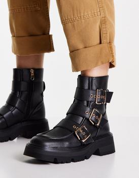 Bershka | Bershka chunky boot with square toe and buckle detail in black商品图片,5.1折
