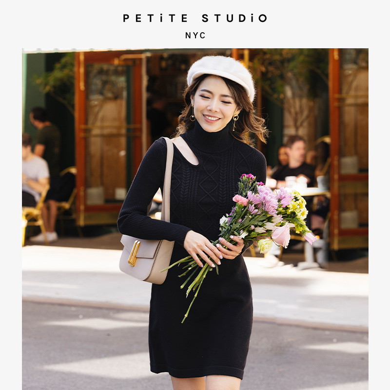 Petite Studio NYC | Saffron黑色修身肩部镂空高腰针织连衣裙 | Saffron Knit Dress - Black商品图片,额外7折, 包邮包税, 额外七折