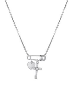 商品Fine Silver Plated 16 Inch + 2 Inch Cubic Zirconia Safety Pin,Heart & Cross Pendant Necklace图片