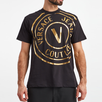 Versace | VERSACE JEANS COUTURE 男士黑色棉质金色V字徽章印花圆领短袖T恤 72GAHT16-CJ00O-G89商品图片,满$100享9.5折, 满折