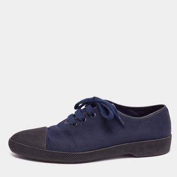 [二手商品] Prada | Prada Navy Blue/Black Canvas and Textured Rubber Cap-Toe Low-Top Sneakers Size 44 1/3商品图片,4.6折