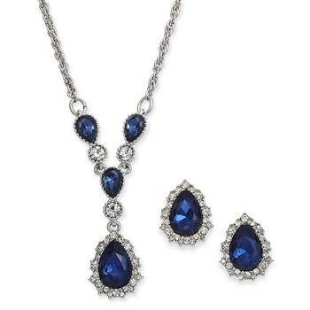 商品Silver-Tone Crystal and Stone Lariat Necklace & Stud Earrings Set, 17" + 2" extender, Created for Macy's图片