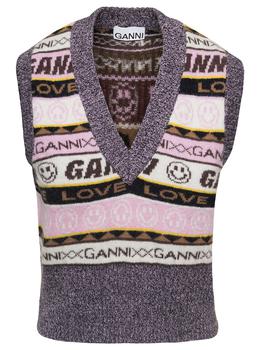商品Ganni Graphic V-neck Vest Multicolor In Wool Blend Woman图片