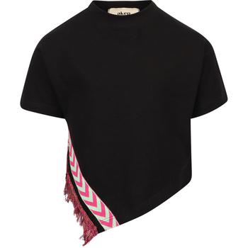 推荐Asymmetrical fringe detail cotton t shirt in black商品