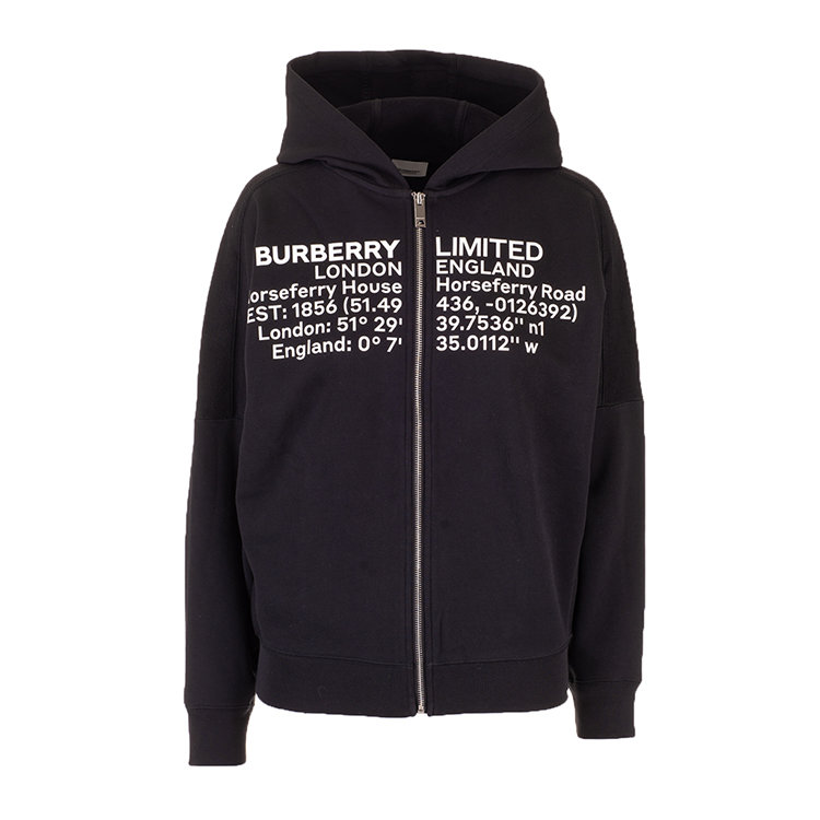 burberry卫衣, Burberry | BURBERRY 男童黑色棉质经纬度印花拉链连帽卫衣 8026203商品图片 独家减免邮费