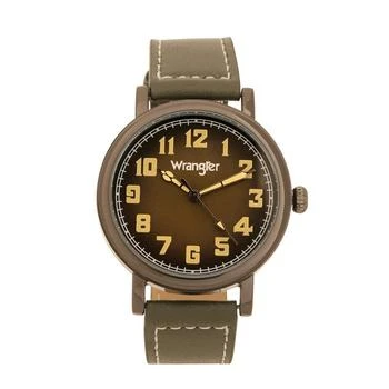 Wrangler | Men's Watch, 50MM Antique Grey Case with Charcoal Dial, White Arabic Numerals, with White Hands, Green Strap with White Stitching, Over Sized Crown 