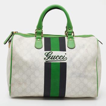 古驰托特包, [二手商品] Gucci | Gucci White/Green GG Supreme Canvas And Leather Medium Web Stripe Joy Boston Bag商品图片 8.2折, 满1件减$100, 满减