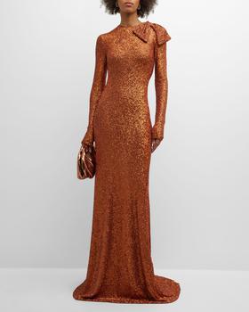 商品Naeem Khan | Long-Sleeve Sequin Gown with Bow Detail,商家Neiman Marcus,价格¥11624图片
