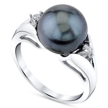 商品Macy's | Cultured Tahitian Pearl (10mm) & Diamond (1/8 ct. t.w.) Ring in 14k White Gold,商家Macy's,价格¥9773图片