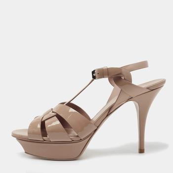 Yves Saint Laurent | Yves Saint Laurent Beige Patent Leather Tribute Ankle Strap Sandals Size 40.5商品图片,7.4折