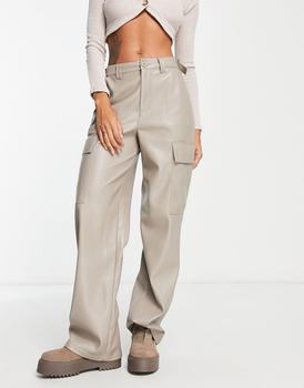 推荐ASOS DESIGN faux leather cargo trousers in muted mushroom商品