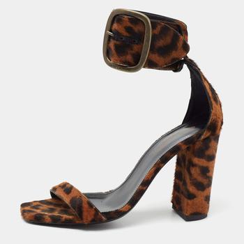 推荐Saint Laurent Brown Leopard Print Pony Hair Ankle Strap Block Heel Sandals Size 37商品