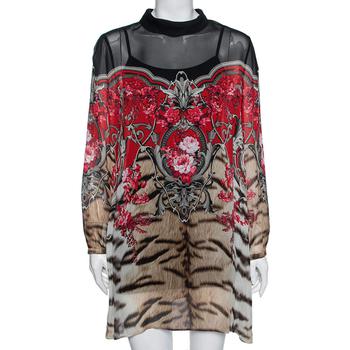 推荐Roberto Cavalli Brown Animal and Floral Printed Silk Blouse M商品