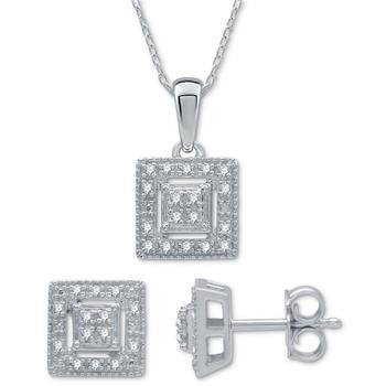Macy's | 2-Pc. Set Diamond (1/6 ct. t.w.) Square Cluster Pendant Necklace & Matching Stud Earrings in Sterling Silver商品图片,独家减免邮费