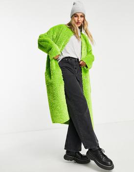Topshop | Topshop collarless borg coat in lime green商品图片,5.5折