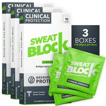 SweatBlock Antiperspirant Wipes - Maximum Clinical Strength - Treat Hyperhidrosis & Excessive Sweating for Men, Women, & Teens - up to 7 Days Protection Per Wipe - Dermatologist Tested - 30 Wipes