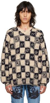 We11done | Beige Chess Board Sweater商品图片,4折