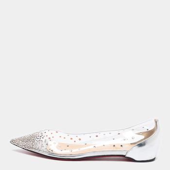 推荐Christian Louboutin Metallic Silver Leather and PVC Degrastrass Pointed-Toe Ballet Flats Size 36.5商品