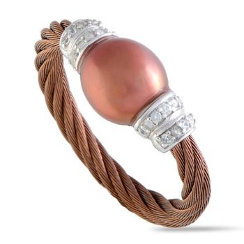 商品Pearl Stainless Steel Bronze PVD Brown Pearl and White Cubic Zirconia Cable Ring图片