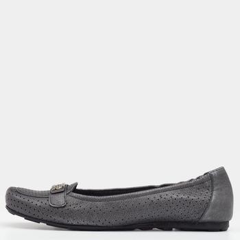 Stuart Weitzman Metallic Grey Perforated Leather Crystal Embellished Slip On Loafers Size 41 product img