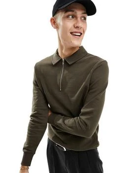 推荐ASOS DESIGN standard half zip sweatshirt with collar neck in brown商品
