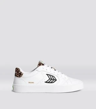 推荐SALVAS White Leather Black Logo Leopard Print Sneaker Men商品